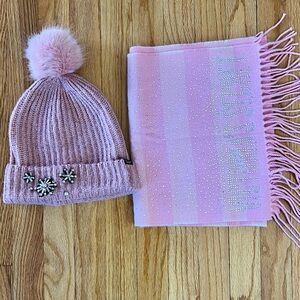 Victoria secret Pink beanie and scarf set with sparkly stones.